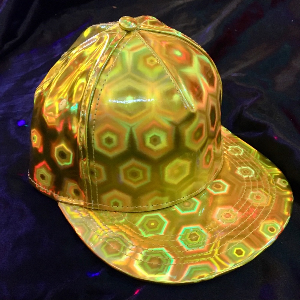 Gold holographic flat-brimmed cap; hex-pattern